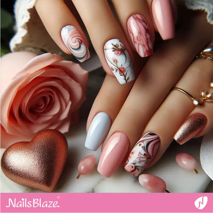 Gentle Marbling Valentine Nails with Flowers | Valentine Nails - NB2306